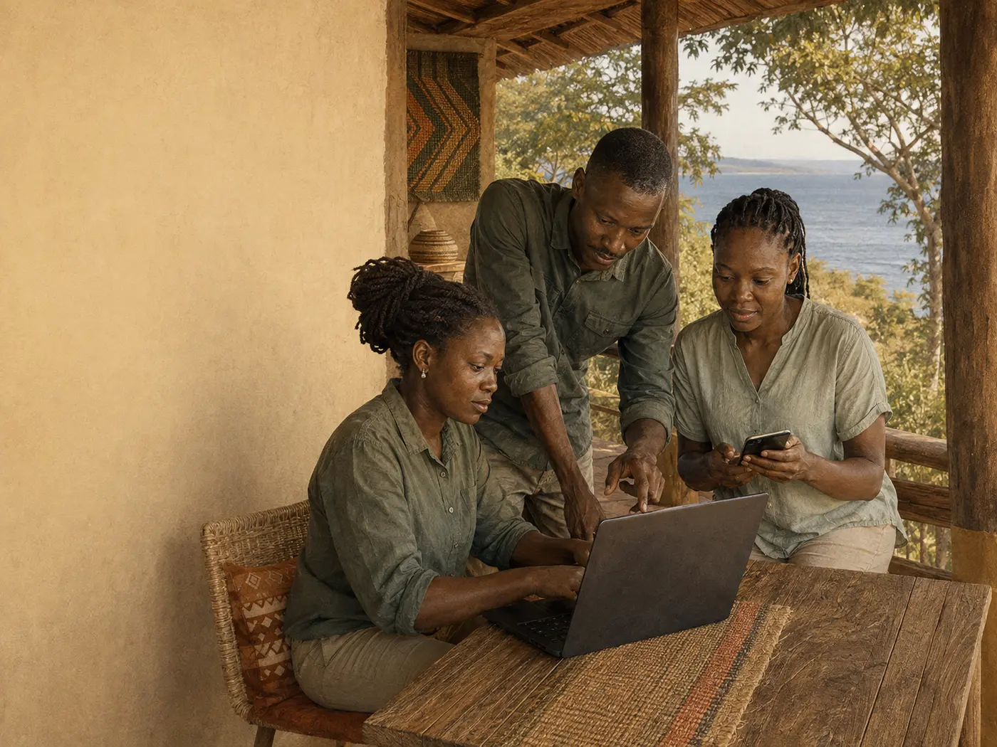 Lodge team reviewing a booking together on a veranda